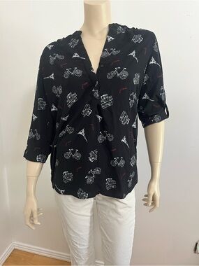 mandee Black Button-Down Shirt with White & Red Travel Motif